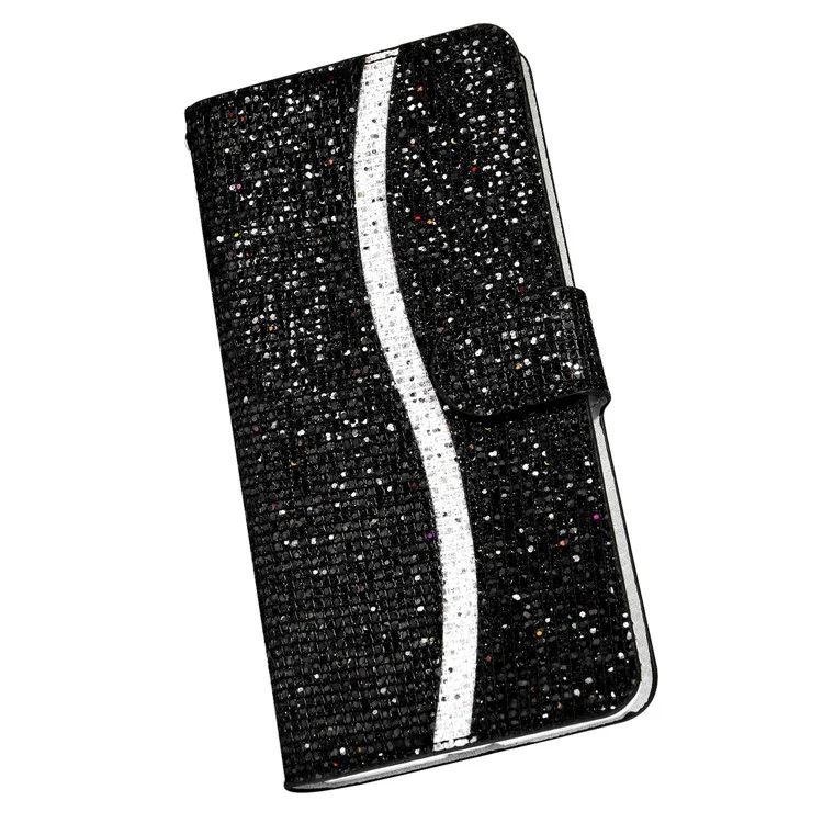 Étui de téléphone portable Flip Phone PU Leather Glittery Powder Handy Strap Stylish Wallet Phone Protective Case pour Samsung Galaxy S22 5G - Noir