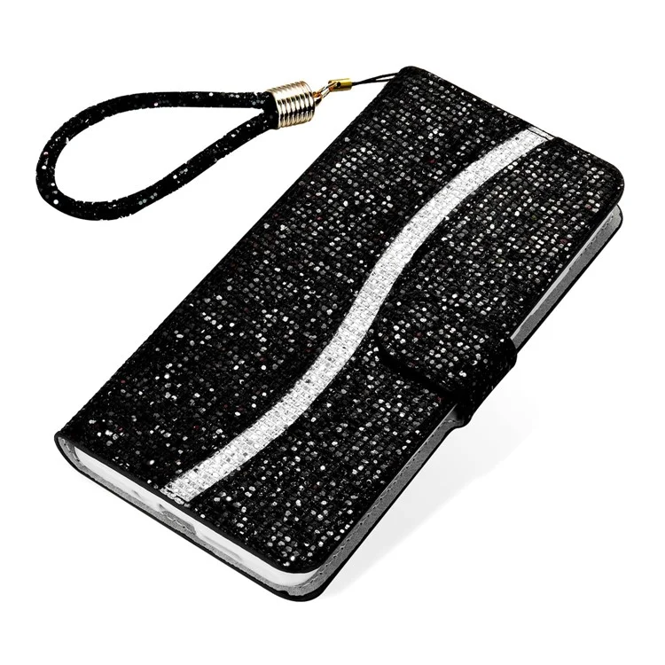 Étui de téléphone portable Flip Phone PU Leather Glittery Powder Handy Strap Stylish Wallet Phone Protective Case pour Samsung Galaxy S22 5G - Noir