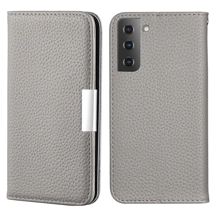 Litchi Skin Metal Buckle Automatic Closing Shockproof Anti-drop Leather Case Cover with Card Holder for Samsung Galaxy S22 5G - Grey