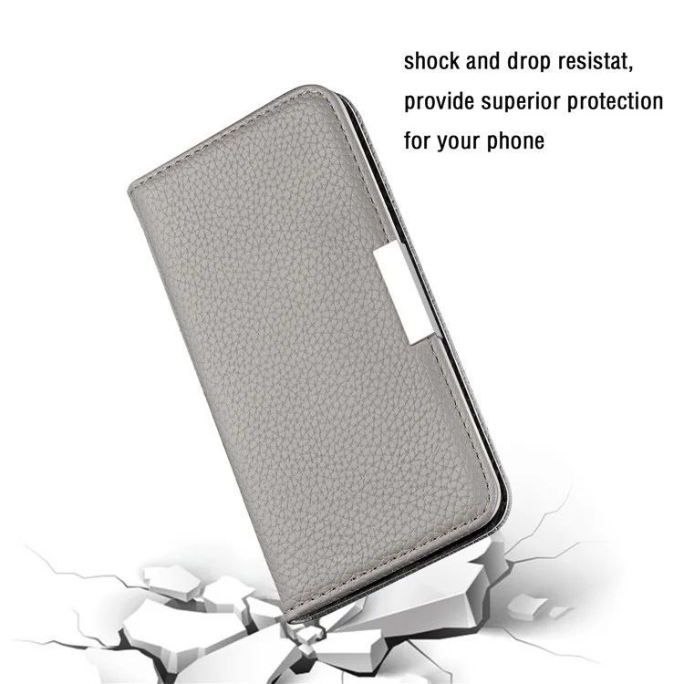 Litchi Skin Metal Buckle Automatic Closing Shockproof Anti-drop Leather Case Cover with Card Holder for Samsung Galaxy S22 5G - Grey