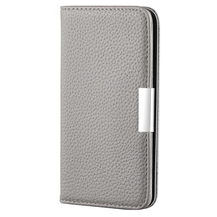 Litchi Skin Metal Buckle Automatic Closing Shockproof Anti-drop Leather Case Cover with Card Holder for Samsung Galaxy S22 5G - Grey