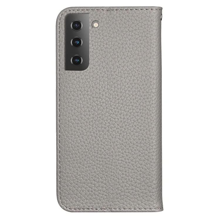 Litchi Skin Metal Buckle Automatic Closing Shockproof Anti-drop Leather Case Cover with Card Holder for Samsung Galaxy S22 5G - Grey