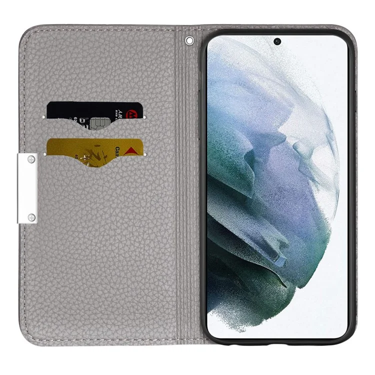 Litchi Skin Metal Buckle Automatic Closing Shockproof Anti-drop Leather Case Cover with Card Holder for Samsung Galaxy S22 5G - Grey