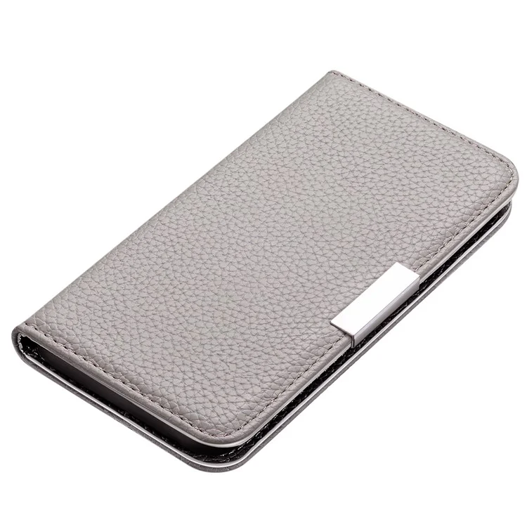 Litchi Skin Metal Buckle Automatic Closing Shockproof Anti-drop Leather Case Cover with Card Holder for Samsung Galaxy S22 5G - Grey