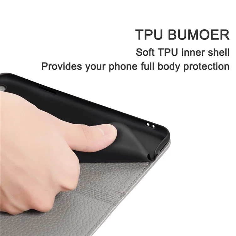 Litchi Skin Metal Buckle Automatic Closing Shockproof Anti-drop Leather Case Cover with Card Holder for Samsung Galaxy S22 5G - Grey
