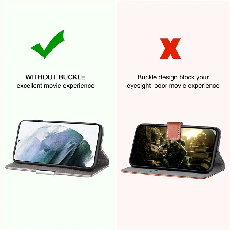 Litchi Skin Metal Buckle Automatic Closing Shockproof Anti-drop Leather Case Cover with Card Holder for Samsung Galaxy S22 5G - Grey