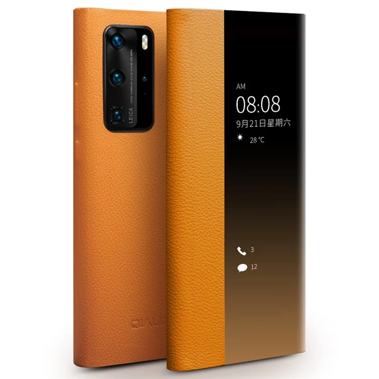 Qialino Automodomia/sono Função de Couro Genuíno Ultra-fino Capa da Caixa de Telefone Com Janela de Exibição Para Huawei P40 - Amarelo