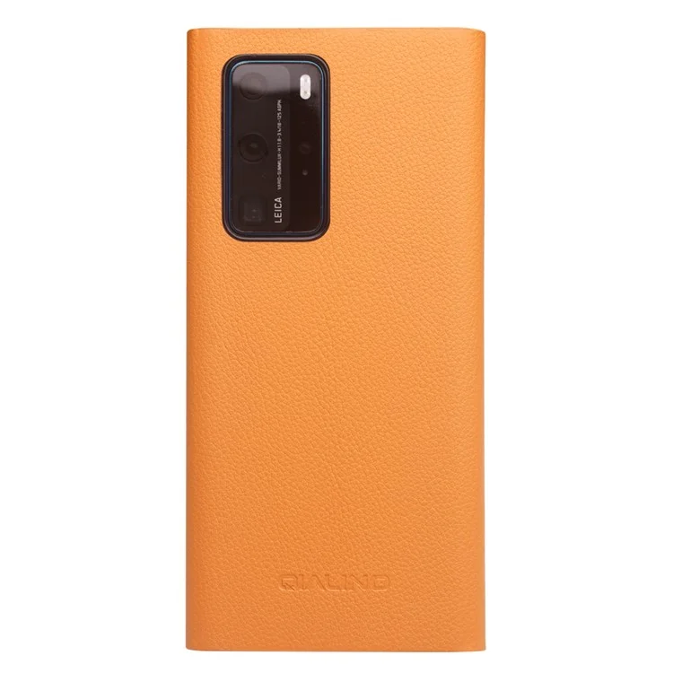 Qialino Automodomia/sono Função de Couro Genuíno Ultra-fino Capa da Caixa de Telefone Com Janela de Exibição Para Huawei P40 - Amarelo