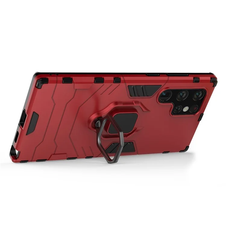 Hybrid Hard PC Soft TPU Drop Protection Cover mit Metall-Ringhalter und Ständer für Samsung Galaxy S22 Ultra 5G - Rot