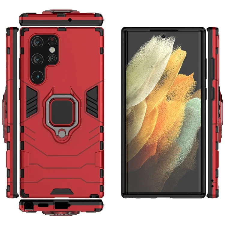 Hybrid Hard PC Soft TPU Drop Protection Cover mit Metall-Ringhalter und Ständer für Samsung Galaxy S22 Ultra 5G - Rot