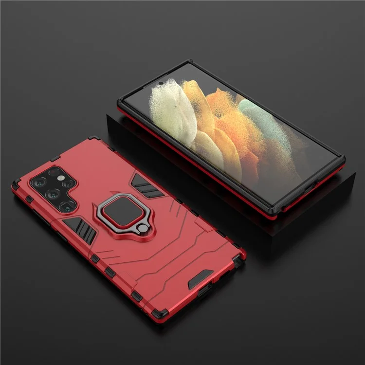 Hybrid Hard PC Soft TPU Drop Protection Cover mit Metall-Ringhalter und Ständer für Samsung Galaxy S22 Ultra 5G - Rot