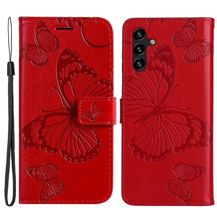 For Samsung Galaxy A13 5G / A04s 4G (164.7mm) Wallet Case Floral Butterfly Imprinted Leather Phone Cover Stand - Red