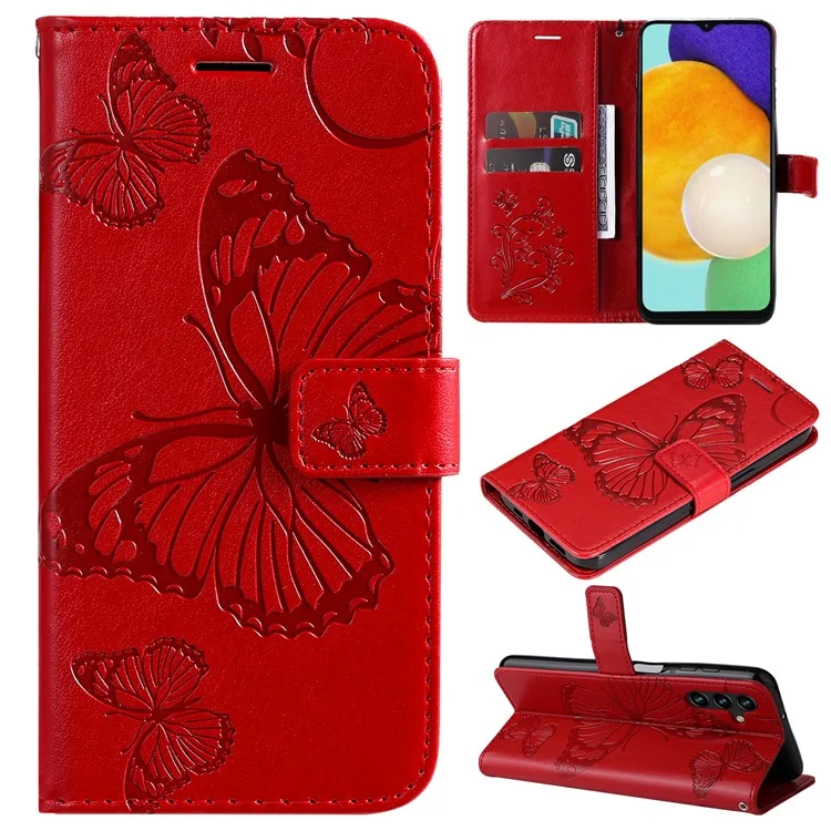 For Samsung Galaxy A13 5G / A04s 4G (164.7mm) Wallet Case Floral Butterfly Imprinted Leather Phone Cover Stand - Red