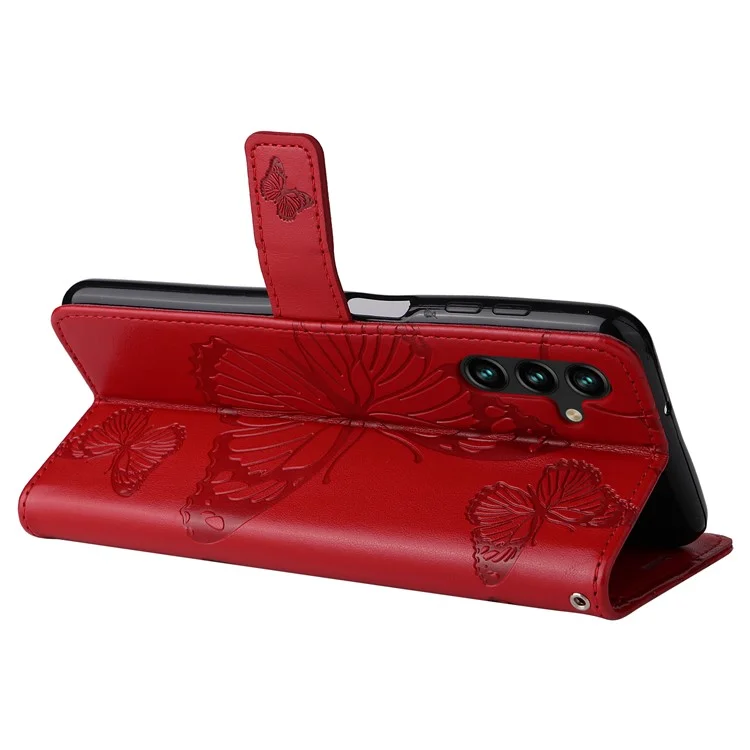For Samsung Galaxy A13 5G / A04s 4G (164.7mm) Wallet Case Floral Butterfly Imprinted Leather Phone Cover Stand - Red