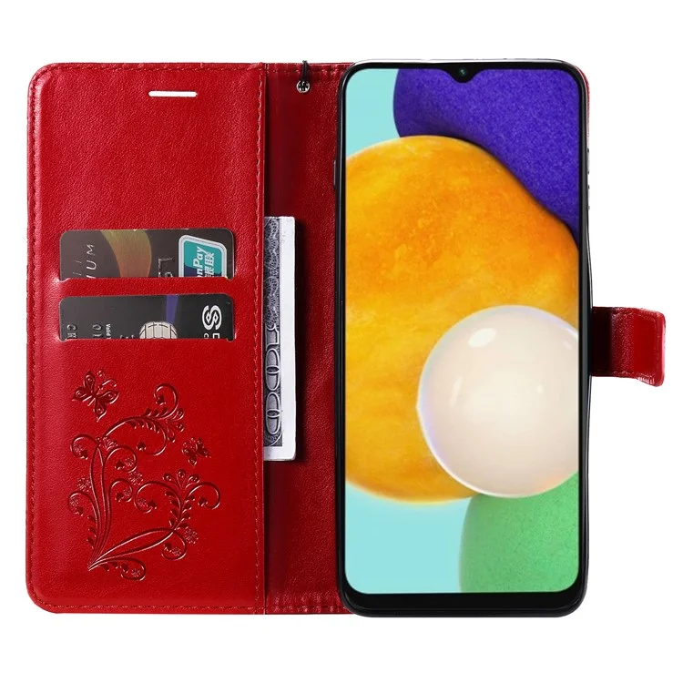 For Samsung Galaxy A13 5G / A04s 4G (164.7mm) Wallet Case Floral Butterfly Imprinted Leather Phone Cover Stand - Red