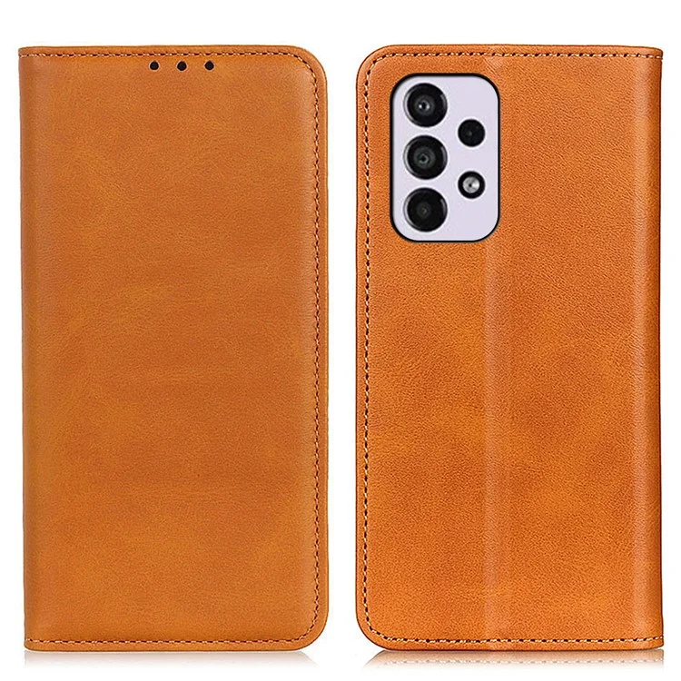 Split Leather Stand Wallet Case Auto Magnetic Closed Flip Folio Cover Phone Guard for Samsung Galaxy A33 5G - Brown