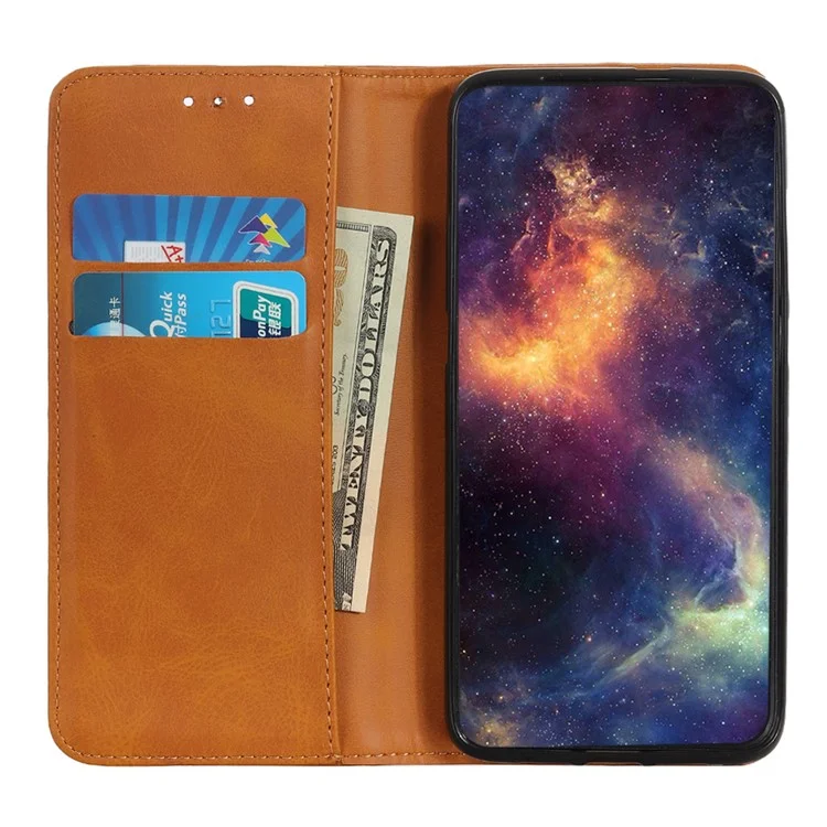 Split Leather Stand Wallet Case Auto Magnetic Closed Flip Folio Cover Phone Guard for Samsung Galaxy A33 5G - Brown