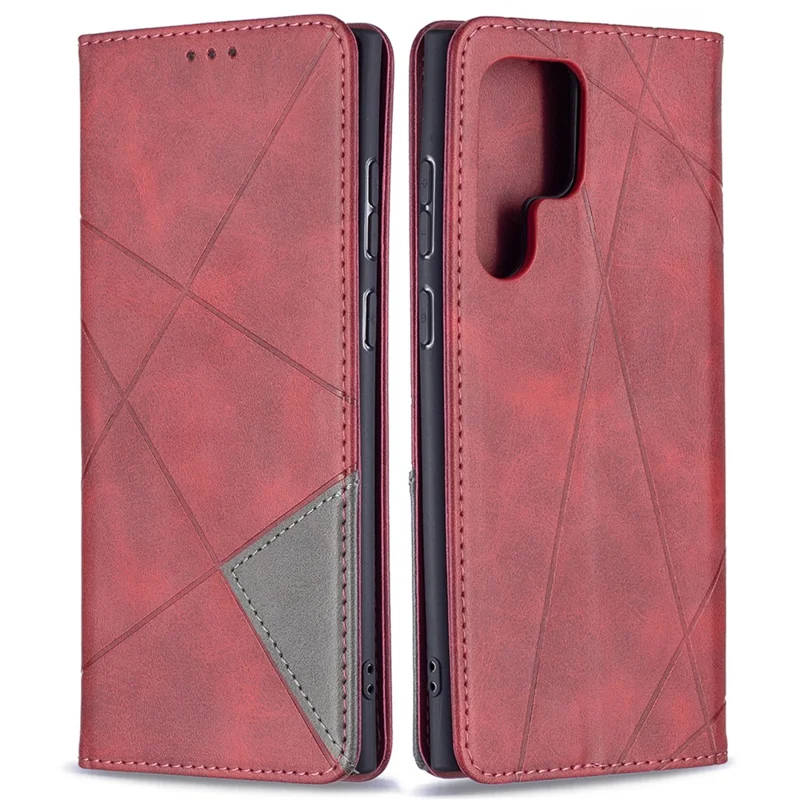 All-Round Protection Rhombus-Like Imprinted Magnetic Closure Card Slots Design Leather Phone Case with Stand for Samsung Galaxy S22 Ultra 5G - Red