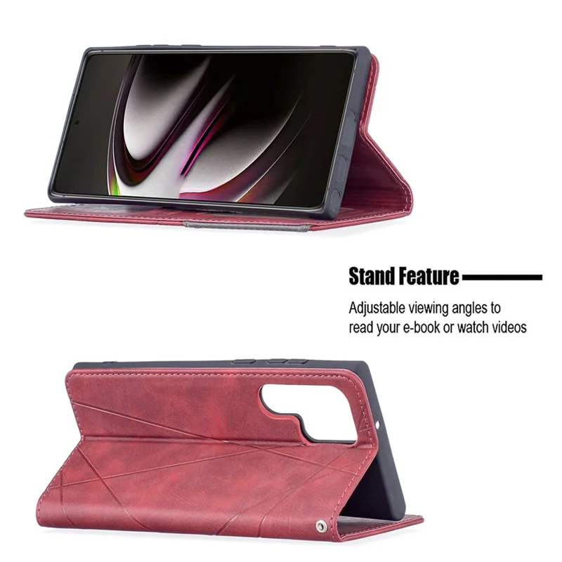 All-Round Protection Rhombus-Like Imprinted Magnetic Closure Card Slots Design Leather Phone Case with Stand for Samsung Galaxy S22 Ultra 5G - Red