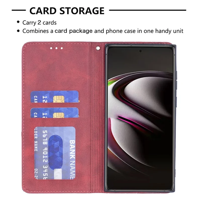 All-Round Protection Rhombus-Like Imprinted Magnetic Closure Card Slots Design Leather Phone Case with Stand for Samsung Galaxy S22 Ultra 5G - Red