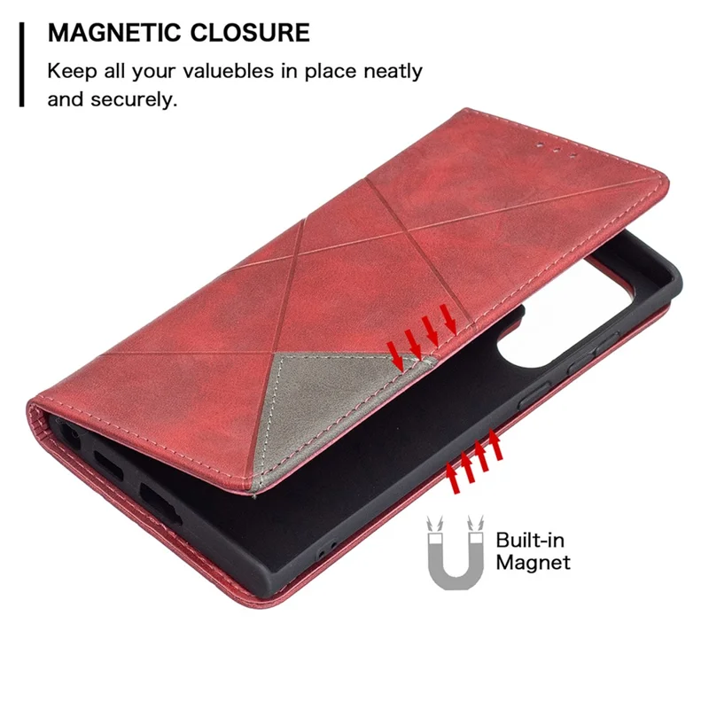 All-Round Protection Rhombus-Like Imprinted Magnetic Closure Card Slots Design Leather Phone Case with Stand for Samsung Galaxy S22 Ultra 5G - Red