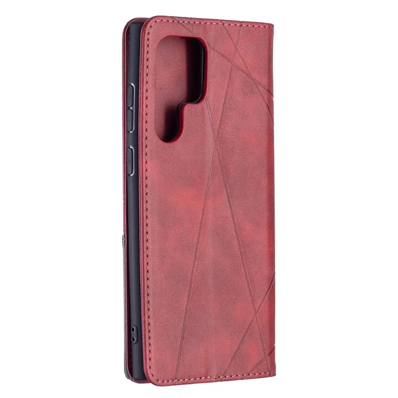 All-Round Protection Rhombus-Like Imprinted Magnetic Closure Card Slots Design Leather Phone Case with Stand for Samsung Galaxy S22 Ultra 5G - Red