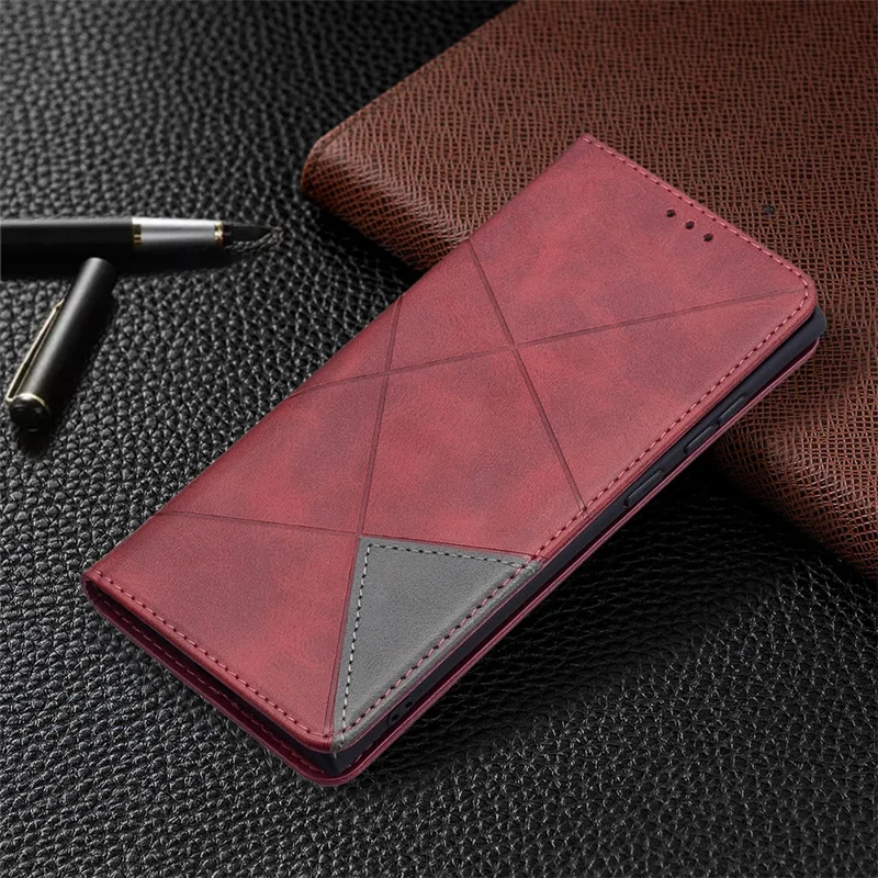All-Round Protection Rhombus-Like Imprinted Magnetic Closure Card Slots Design Leather Phone Case with Stand for Samsung Galaxy S22 Ultra 5G - Red