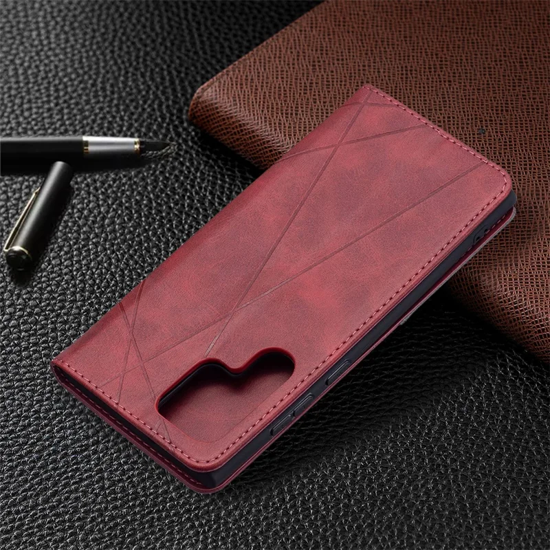 All-Round Protection Rhombus-Like Imprinted Magnetic Closure Card Slots Design Leather Phone Case with Stand for Samsung Galaxy S22 Ultra 5G - Red