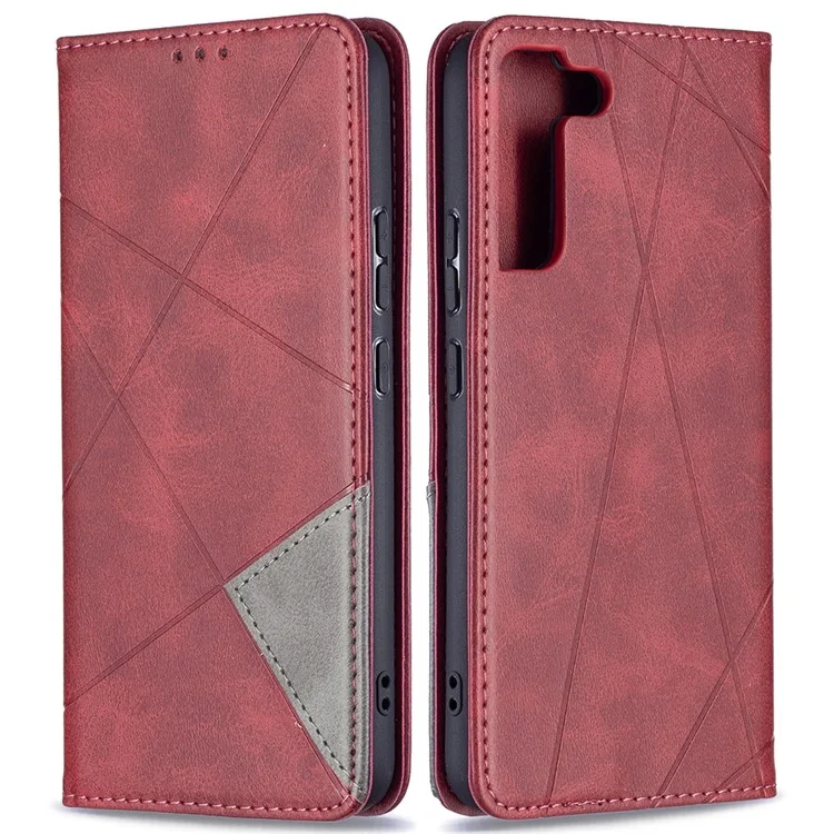 Rhombus-Like Imprinting Auto-Absorbed Magnetic Closing Anti-Fall Card Slots Design Leather Stand Phone Case for Samsung Galaxy S22+ 5G - Red