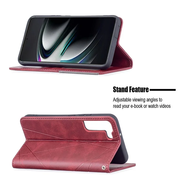 Rhombus-Like Imprinting Auto-Absorbed Magnetic Closing Anti-Fall Card Slots Design Leather Stand Phone Case for Samsung Galaxy S22+ 5G - Red