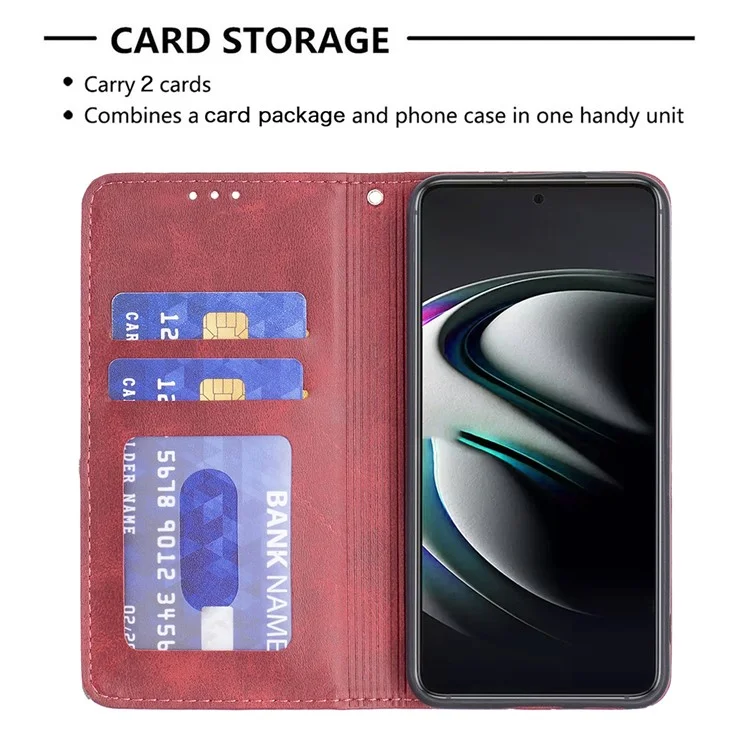 Rhombus-Like Imprinting Auto-Absorbed Magnetic Closing Anti-Fall Card Slots Design Leather Stand Phone Case for Samsung Galaxy S22+ 5G - Red