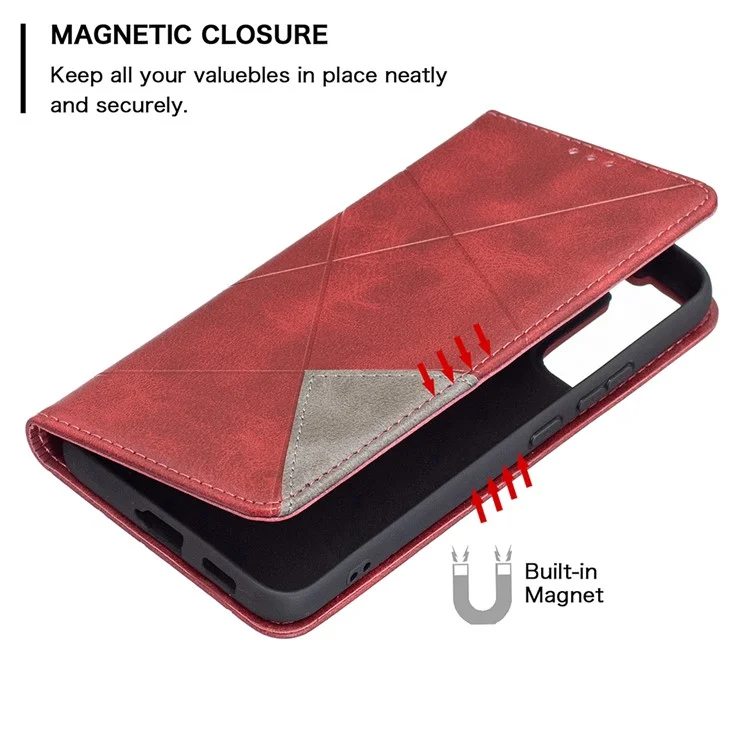 Rhombus-Like Imprinting Auto-Absorbed Magnetic Closing Anti-Fall Card Slots Design Leather Stand Phone Case for Samsung Galaxy S22+ 5G - Red