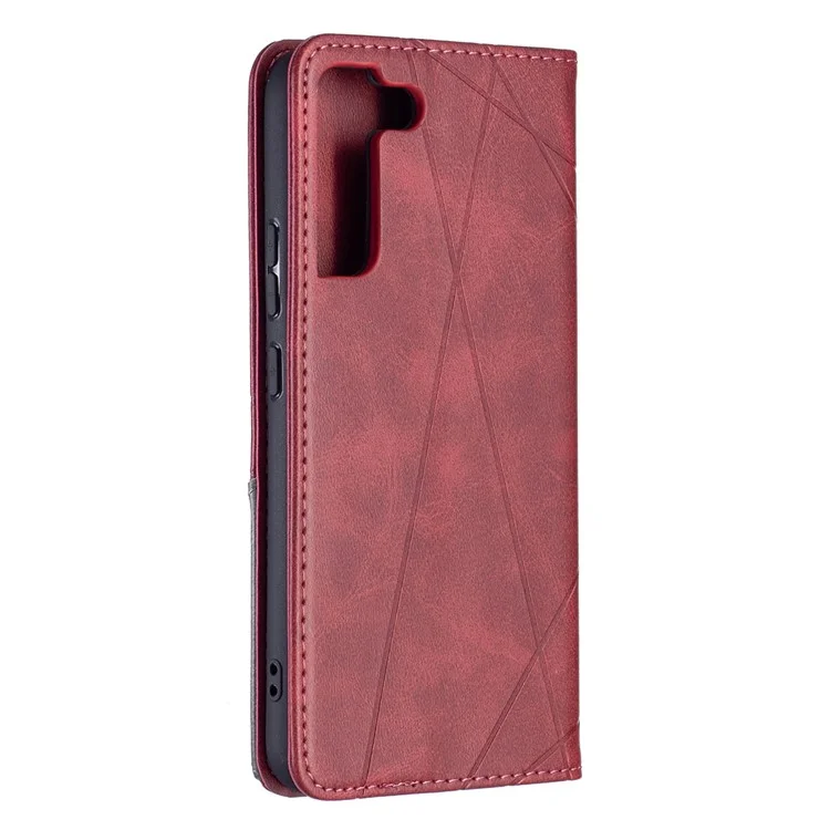 Rhombus-Like Imprinting Auto-Absorbed Magnetic Closing Anti-Fall Card Slots Design Leather Stand Phone Case for Samsung Galaxy S22+ 5G - Red