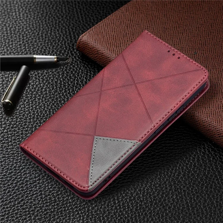 Rhombus-Like Imprinting Auto-Absorbed Magnetic Closing Anti-Fall Card Slots Design Leather Stand Phone Case for Samsung Galaxy S22+ 5G - Red