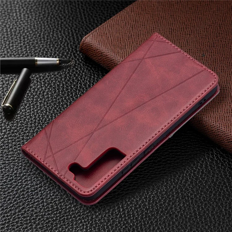 Rhombus-Like Imprinting Auto-Absorbed Magnetic Closing Anti-Fall Card Slots Design Leather Stand Phone Case for Samsung Galaxy S22+ 5G - Red