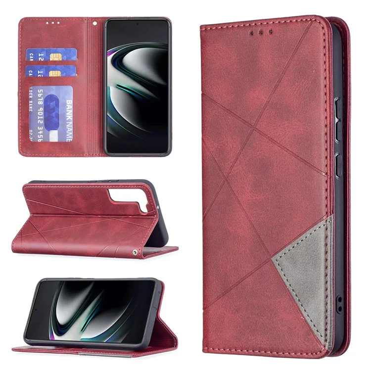 Rhombus-Like Imprinting Auto-Absorbed Magnetic Closing Anti-Fall Card Slots Design Leather Stand Phone Case for Samsung Galaxy S22+ 5G - Red
