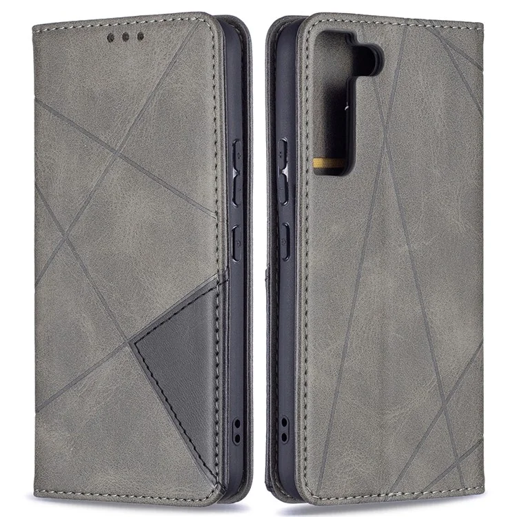 Rhombus-Like Imprinting Magnetic Closure Shockproof Drop-Proof Card Slots Design Leather Stand Phone Case Shell for Samsung Galaxy S22 5G - Grey