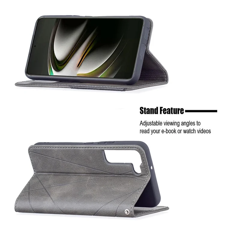 Rhombus-Like Imprinting Magnetic Closure Shockproof Drop-Proof Card Slots Design Leather Stand Phone Case Shell for Samsung Galaxy S22 5G - Grey