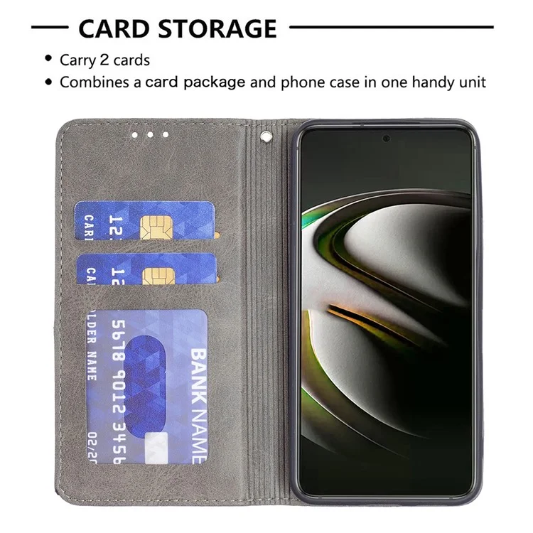 Rhombus-Like Imprinting Magnetic Closure Shockproof Drop-Proof Card Slots Design Leather Stand Phone Case Shell for Samsung Galaxy S22 5G - Grey