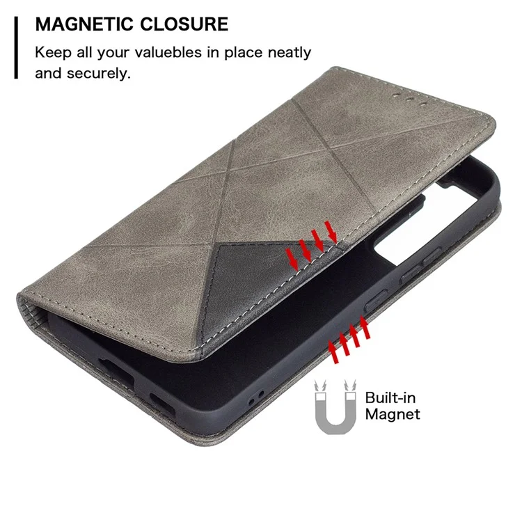 Rhombus-Like Imprinting Magnetic Closure Shockproof Drop-Proof Card Slots Design Leather Stand Phone Case Shell for Samsung Galaxy S22 5G - Grey