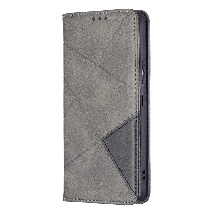 Rhombus-Like Imprinting Magnetic Closure Shockproof Drop-Proof Card Slots Design Leather Stand Phone Case Shell for Samsung Galaxy S22 5G - Grey
