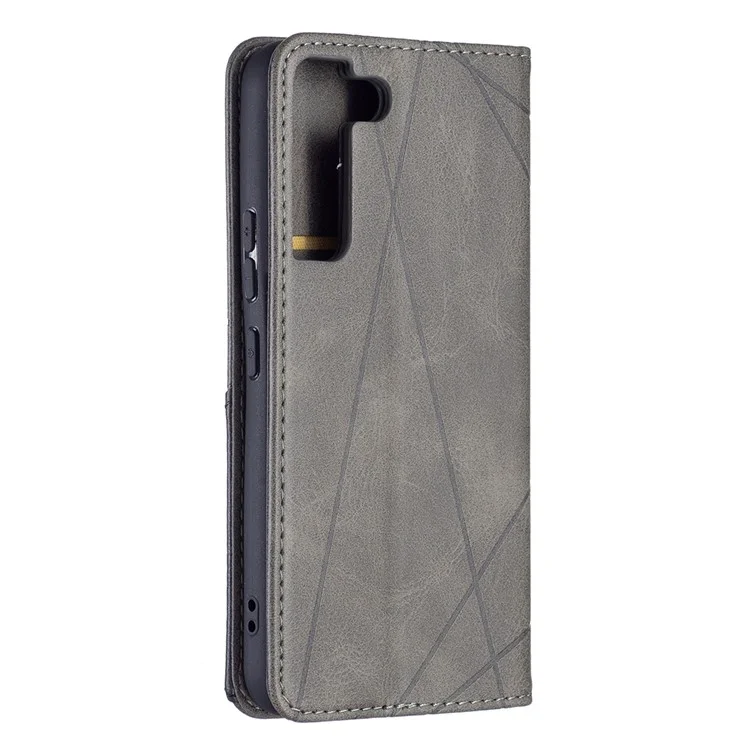 Rhombus-Like Imprinting Magnetic Closure Shockproof Drop-Proof Card Slots Design Leather Stand Phone Case Shell for Samsung Galaxy S22 5G - Grey