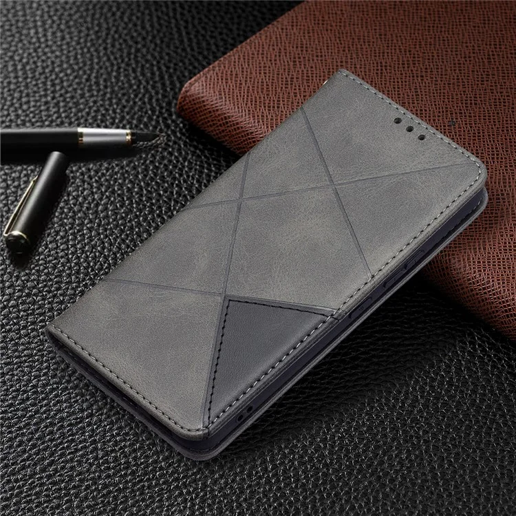 Rhombus-Like Imprinting Magnetic Closure Shockproof Drop-Proof Card Slots Design Leather Stand Phone Case Shell for Samsung Galaxy S22 5G - Grey