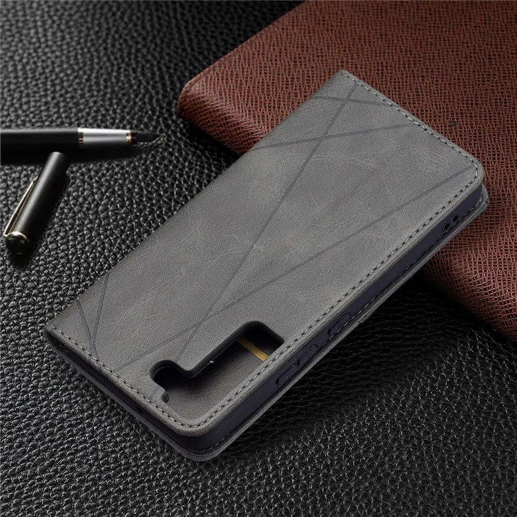 Rhombus-Like Imprinting Magnetic Closure Shockproof Drop-Proof Card Slots Design Leather Stand Phone Case Shell for Samsung Galaxy S22 5G - Grey