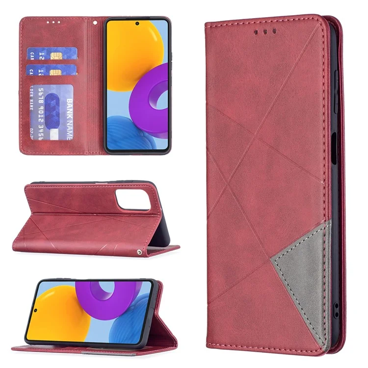 Slots De Tarjetas Thone Cover Threaming Rhombus-like Pattern Design Soporte De Cuero Funda Para Teléfono Para Samsung Galaxy M52 5G - Rojo