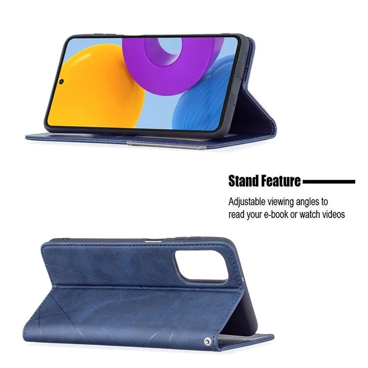 Card Slots Phone Cover Imprinting Rhombus-Like Pattern Design Leather Stand Phone Case Cover for Samsung Galaxy M52 5G - Blue