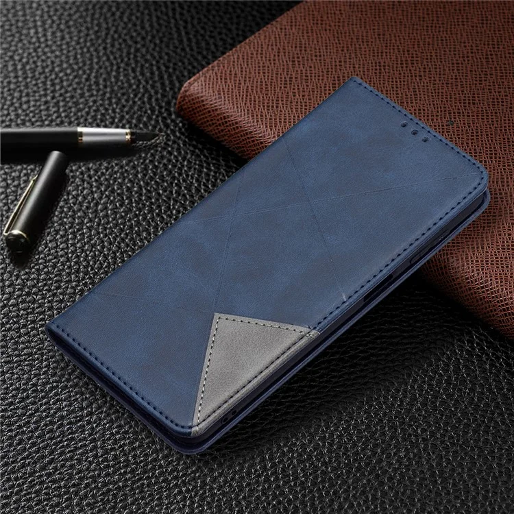 Card Slots Phone Cover Imprinting Rhombus-Like Pattern Design Leather Stand Phone Case Cover for Samsung Galaxy M52 5G - Blue