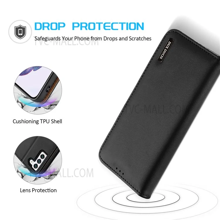 DUX DUCIS Hivo Series RFID Blocking Design Split Leather Wallet Stand Drop-proof Flip Phone Case Cover für Samsung Galaxy S22 5G - Schwarz