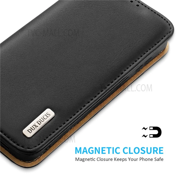 DUX DUCIS Hivo Series RFID Blocking Design Split Leather Wallet Stand Drop-proof Flip Phone Case Cover für Samsung Galaxy S22 5G - Schwarz