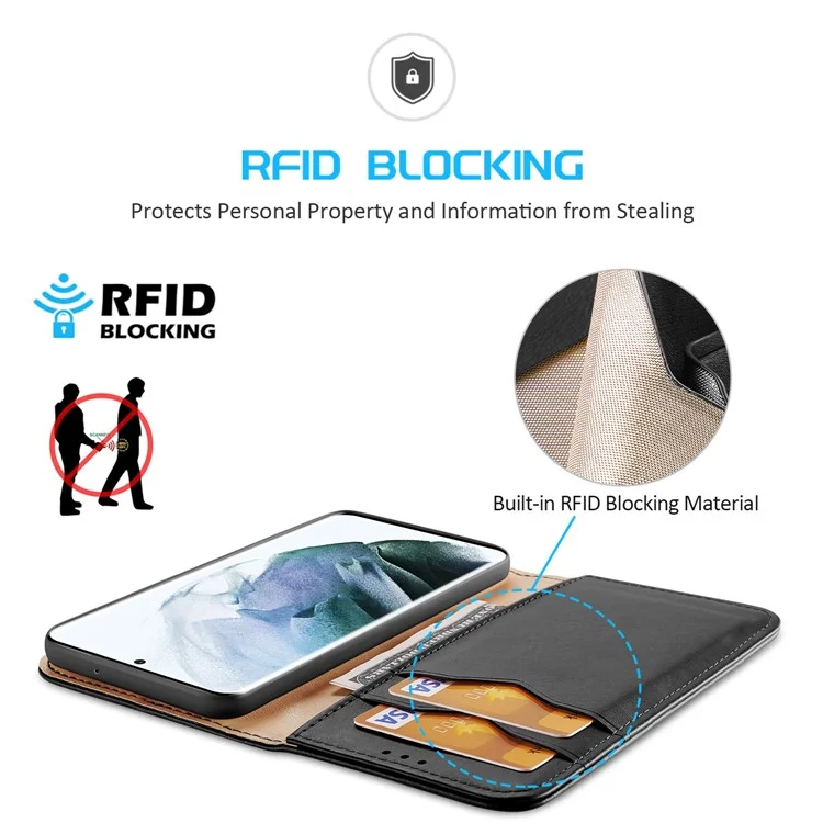 DUX DUCIS Серия Hivo RFID Блокирующий дизайн Folliо Flip Case Split Leather Wallet Stand Защитный чехол для Samsung Galaxy S22 Ultra 5G - Черный 